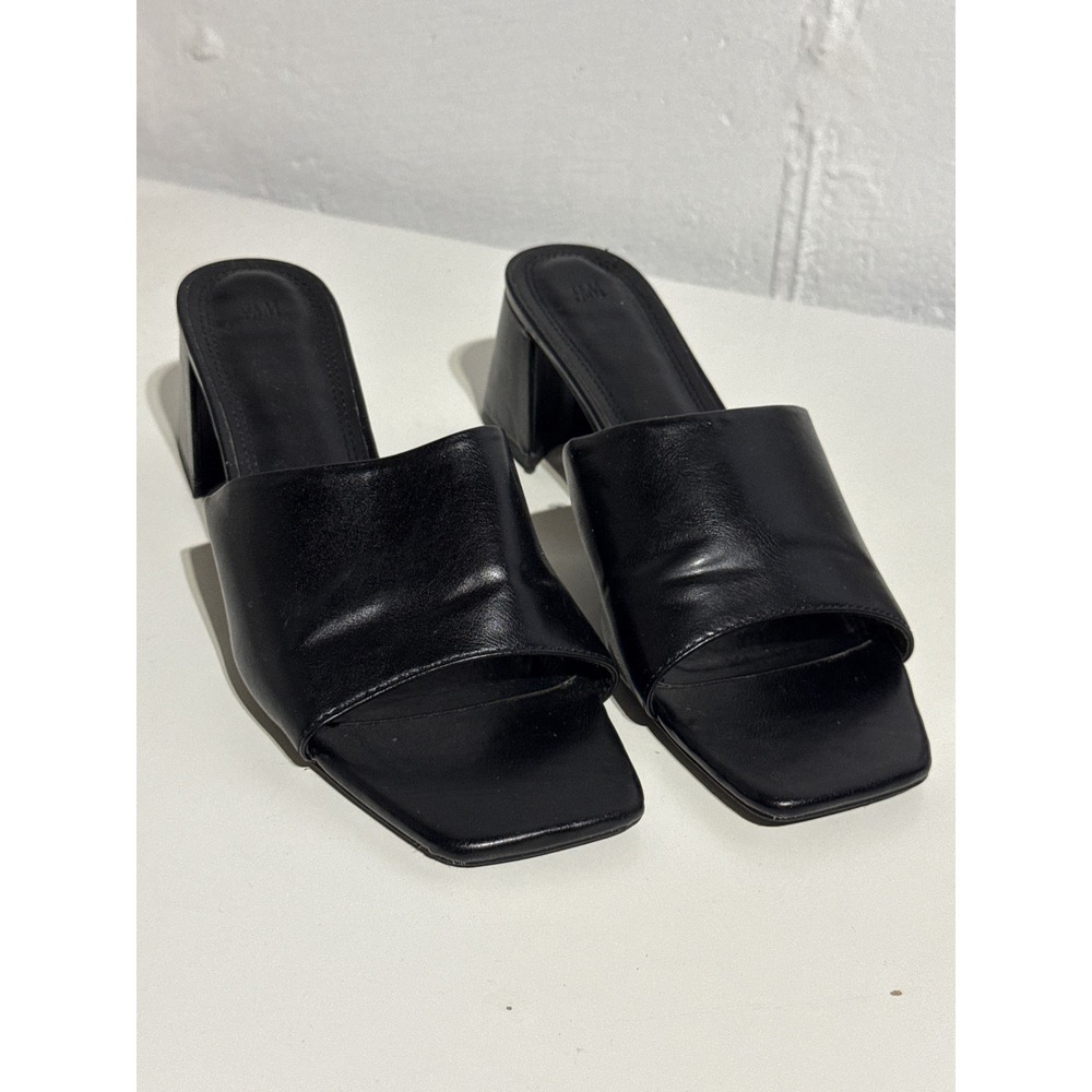 H&M Womens Square Toe Block Heel Slide Sandals Size 9 Black Faux Leather Mules